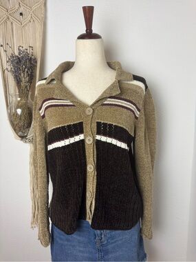 Vintage Striped Button-Front Cardigan - Brown, Tan & White